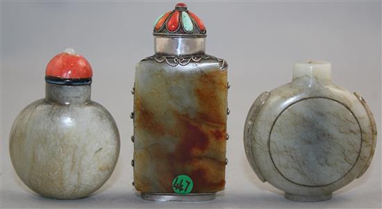 Three Chinese pale grey jade snuff bottles, 1850-1940, Richards no.s 449, 242 and 447